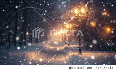 Heavy snowfall turns streets into a fairy-tale scene with magical streetlights, glittering silence, and tranquility. 116034413