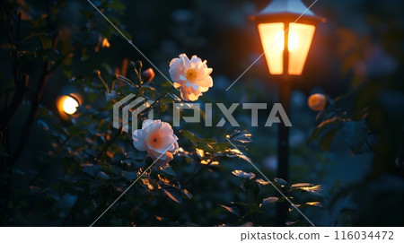 A midnight stroll through a garden with streetlights illuminating blooming night flowers offers serene beauty. 116034472