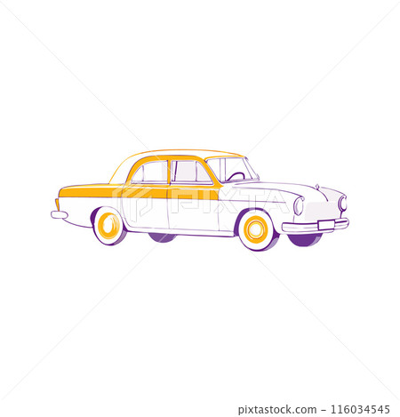 A vintage car with a yellow stripe on the side 116034545