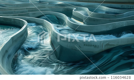 A wave pool with interwoven channels of varying intensities offers a thrilling, dynamic aquatic experience. 116034628