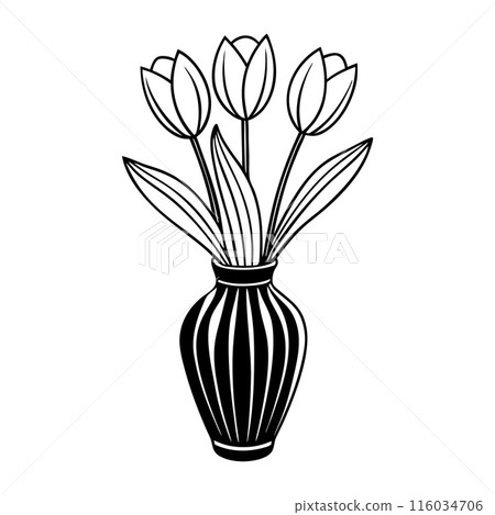 A black and white drawing of a vase with three tulips in it A black and white drawing of a vase with three tulips in it 116034706