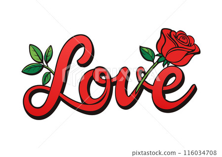 Love is written in red letters with a rose on the right side Love is written in red letters with a rose on the right side 116034708