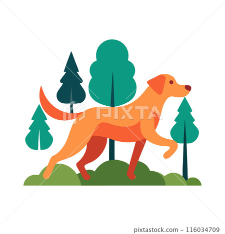 A dog is walking through a forest with trees in the background A dog is walking through a forest with trees in the background 116034709