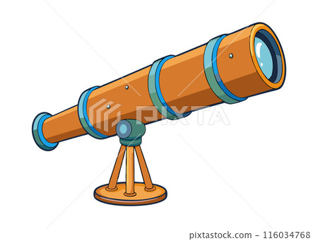 A large orange telescope with a blue and green base A large orange telescope with a blue and green base 116034768