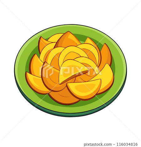 A plate of yellow food with a green plate 116034816