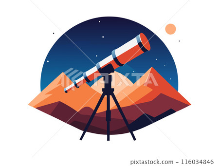 A telescope is set up on a tripod in front of a mountain range A telescope is set up on a tripod in front of a mountain range 116034846