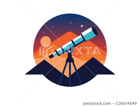 A telescope is shown in the center of a circle with mountains in the background 116034849