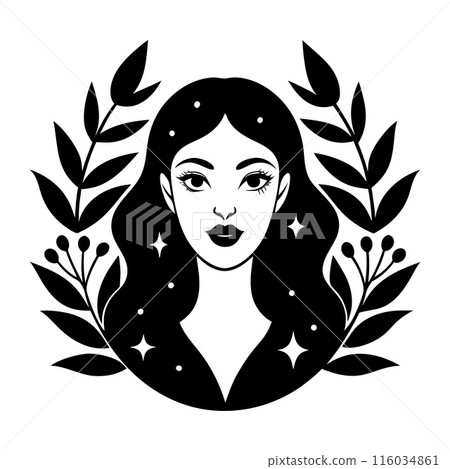 A woman with long hair is surrounded by leaves and stars 116034861