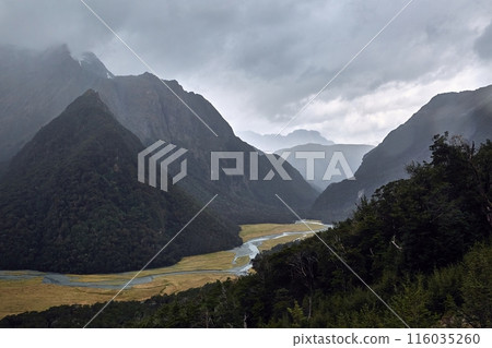Mountain hiking trail on Routeburn track Mountain hiking trail on Routeburn track 116035260