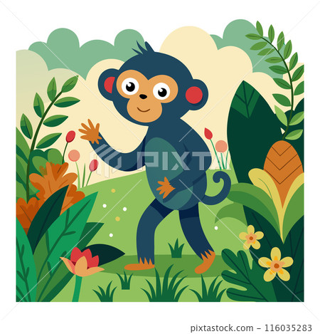 Cute cartoon monkey walking in vibrant jungle surrounded by colorful plants and flowers Cute cartoon monkey walking in vibrant jungle surrounded by colorful plants and flowers 116035283