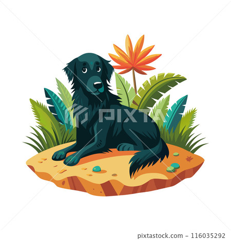 Illustration of a black dog sitting on a rock surrounded by tropical plants and leaves 116035292