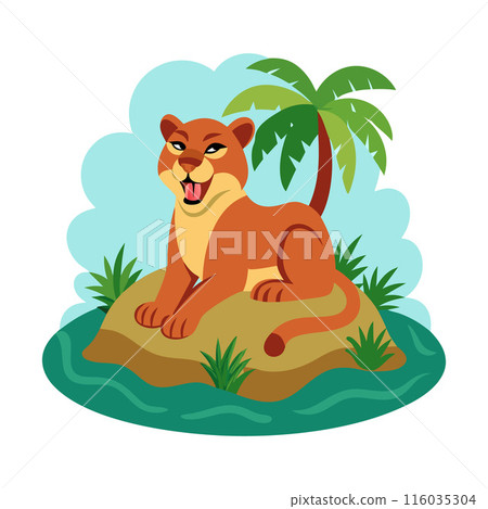 Illustration of a happy puma lounging on an island with palm trees and greenery 116035304