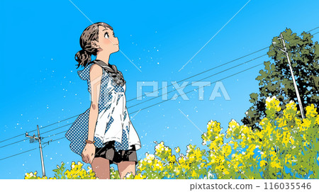 A girl looking up at the sky from a yellow flower field (replacement) A girl looking up at the sky from a yellow flower field (replacement) 116035546