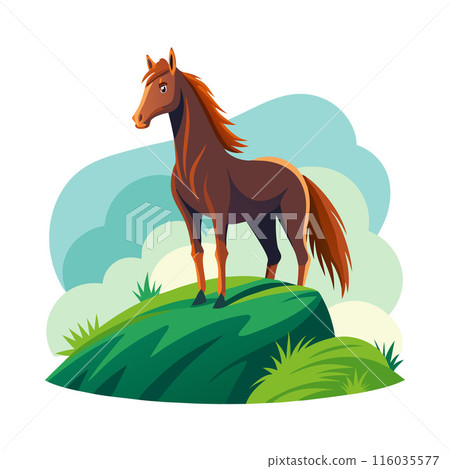 Illustration of a majestic brown horse standing on a green hilltop against a cloudy sky background Illustration of a majestic brown horse standing on a green hilltop against a cloudy sky background 116035577