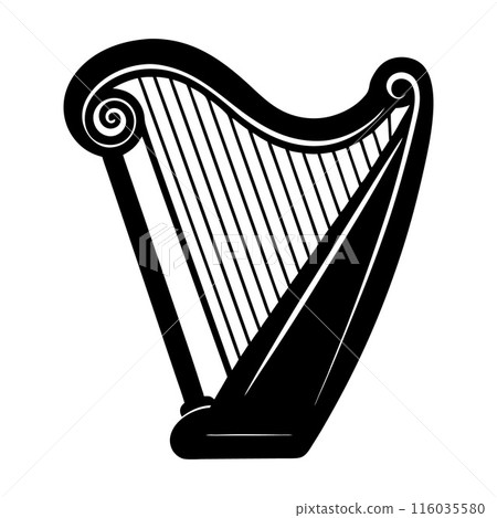 A black and white image of a harp with a curved neck A black and white image of a harp with a curved neck 116035580