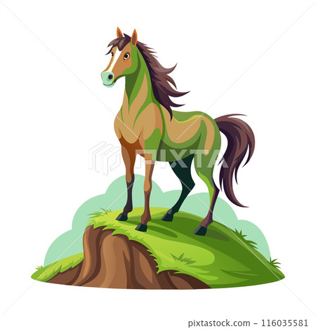 Majestic cartoon horse standing proudly on a grassy hill illustration 116035581