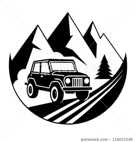 A black and white image of a jeep driving down a mountain road 116035596