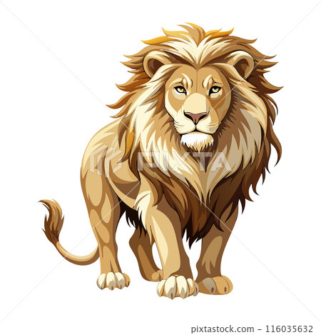 Majestic illustration of a fierce lion with a flowing mane on a white background 116035632