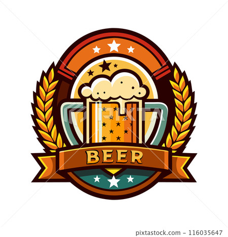 Colorful beer logo with decorative stars and wheat branches on a circular background 116035647