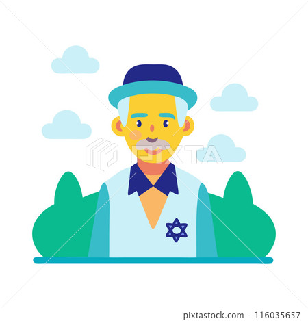 Illustration of elderly man wearing hat and vest with star of David outdoors Illustration of elderly man wearing hat and vest with star of David outdoors 116035657