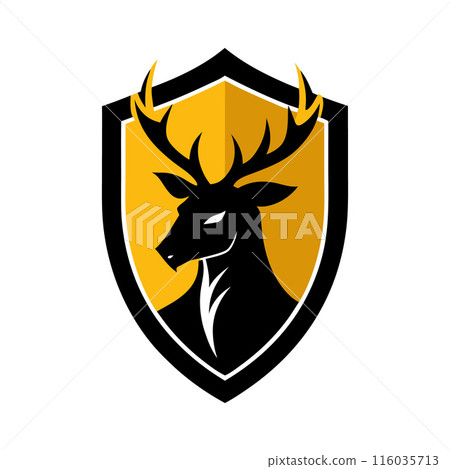 Stylized deer head emblem with antlers on a shield background for logos and branding Stylized deer head emblem with antlers on a shield background for logos and branding 116035713