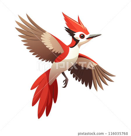 Colorful cartoon woodpecker bird illustration in flight with spread wings and vibrant red feathers Colorful cartoon woodpecker bird illustration in flight with spread wings and vibrant red feathers 116035768