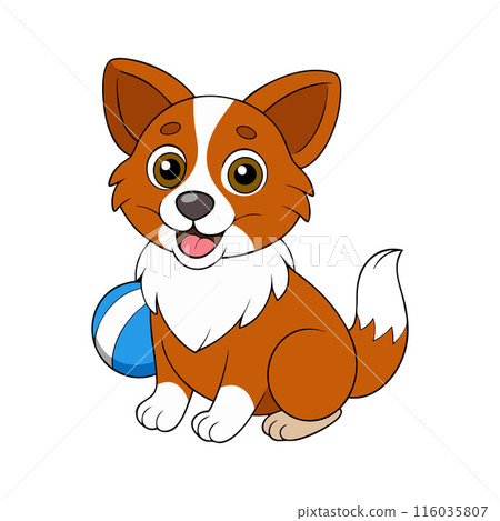 A cute brown and white dog is sitting on the ground with a blue A cute brown and white dog is sitting on the ground with a blue 116035807