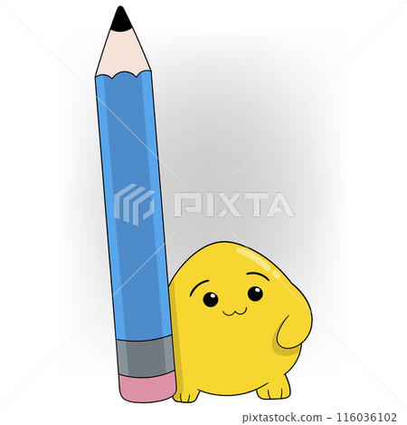 Cheerful Yellow Cartoon Character with Blue Pencil Cheerful Yellow Cartoon Character with Blue Pencil 116036102