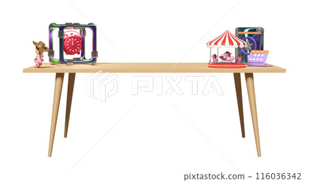 3d desk in office with toy, book, calendar, alarm clock isolated. 3d render illustration 3d desk in office with toy, book, calendar, alarm clock isolated. 3d render illustration 116036342
