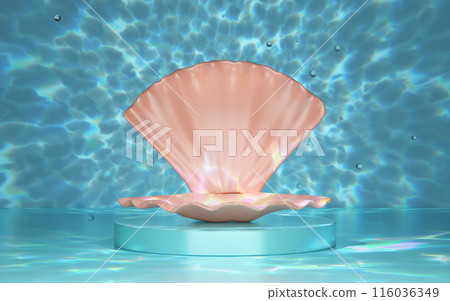 Underwater ocean with podium empty, shellfish, reflect sunlight on surface. reflecting sparkling light on background. cosmetic display product stage concept, 3d illustration render 116036349