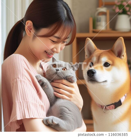 A cat who doesn't like being held by his master and a dog who seems jealous 116036385