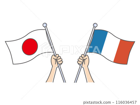 Fluttering Japanese and French flags, hand holding the Hinomaru flag Fluttering Japanese and French flags, hand holding the Hinomaru flag 116036457