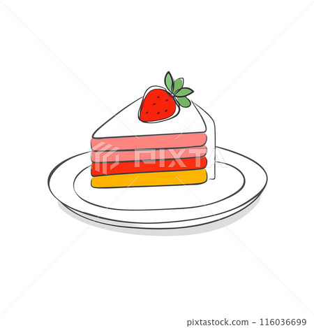 盤子上草莓蛋糕的粗糙手繪風格插圖，白色背景上的切口 116036699