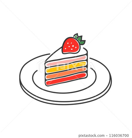 A rough hand-drawn illustration of a strawberry cake on a plate, cut out on a white background 116036700