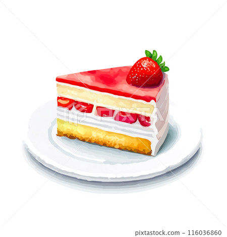 盤子上草莓蛋糕的水彩插圖,白色背景的切口 盤子上草莓蛋糕的水彩插圖,白色背景的切口 116036860