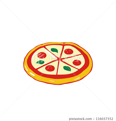 Simple icon illustration of pizza Margherita with tomato, cheese and basil, isolated on white background 116037352