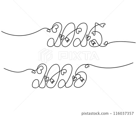 Hand lettering continuous line Dates 2025 2026 with hearts and flowers in minimalist style. Set of 2 Hand lettering continuous line Dates 2025 2026 with hearts and flowers in minimalist style. Set of 2 116037357