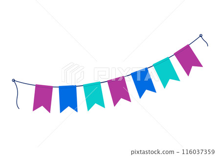 Colorful festive pennant garland on a rope in trendy bright shades. Birthday greeting design concept Colorful festive pennant garland on a rope in trendy bright shades. Birthday greeting design concept 116037359