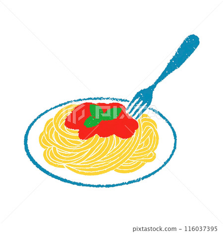 Hand-drawn illustration of pasta with tomato sauce drawn with crayons, isolated on white background 116037395