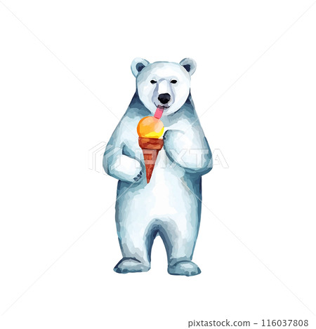 Hand-drawn watercolor illustration of a polar bear eating ice cream, cut out on white background Hand-drawn watercolor illustration of a polar bear eating ice cream, cut out on white background 116037808