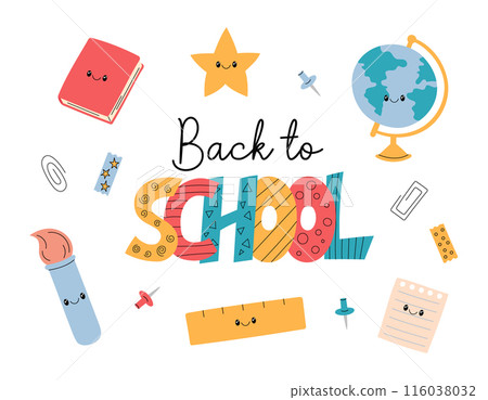 Back to School composition. Vector illustration. Cute office supplies set. Funny stationery elements for elementary school. Colorful hand drawn doodle collection 116038032