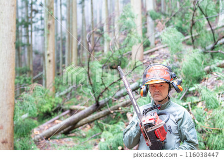 一名林業工人背著電鋸,背景是山林在工作 一名林業工人背著電鋸,背景是山林在工作 116038447