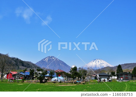 The twin Yotei peaks seen from the Kimobetsu Nakazato Viewpoint Parking The twin Yotei peaks seen from the Kimobetsu Nakazato Viewpoint Parking 116038753