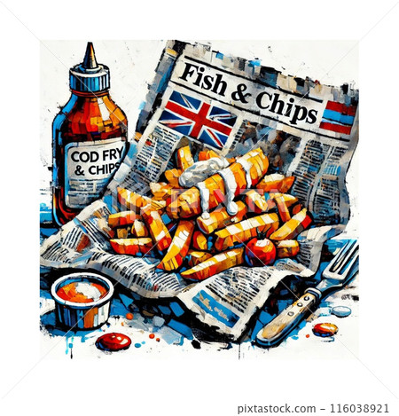 老英式炸魚薯條，外帶油畫風格Generative AI 116038921