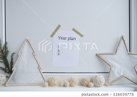 Motivational paper note YEAR PLAN list. Goals setting concept. Strategy for self development improvement. Inspirational Planning better healthier life. Visual 116039778