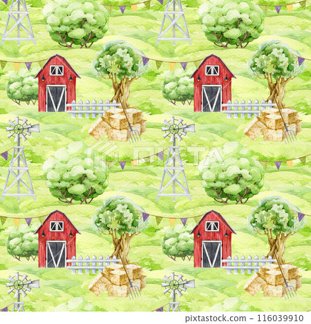 Farm life elements seamless pattern. Watercolor vintage style illustration. Hand drawn red barn, windmill, white fence, oak tree, green lush grass. Village farm landscape scene seamless pattern Farm life elements seamless pattern. Watercolor vintage style illustration. Hand drawn red barn, windmill, white fence, oak tree, green lush grass. Village farm landscape scene seamless pattern 116039910
