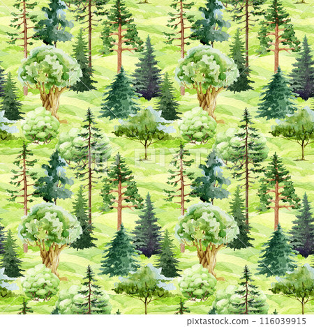 Forest seamless pattern. Watercolor illustration. Hand drawn different growing trees seamless pattern. Oak, pine, fir tree, bushes elements. Green lush various plants in natural park landscape 116039915