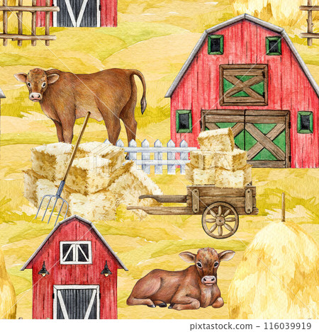 Farm life vintage style seamless pattern. Watercolor painted illustration. Hand dawn red barn, hay stack, cows, straw bricks elements. Farm during harvest season seamless pattern Farm life vintage style seamless pattern. Watercolor painted illustration. Hand dawn red barn, hay stack, cows, straw bricks elements. Farm during harvest season seamless pattern 116039919