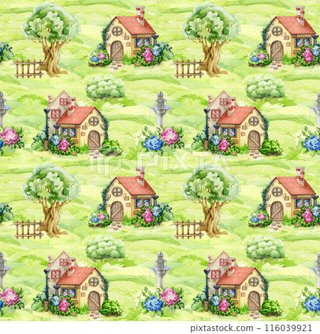Garden landscape view seamless pattern. Watercolor vintage style illustration. Painted cute garden house, lush green lawn, flowers, old tree elements. Cozy village landscape view seamless pattern 116039921