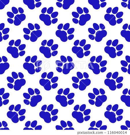 Blue paw print seamless repeating background pattern. Cat or dog footprints. Vector illustration.  116040014
